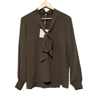 Tibi Green Olive PussyBow Crepe Gauze Long Sleeve Blouse NWT size 4 Tie Drapey